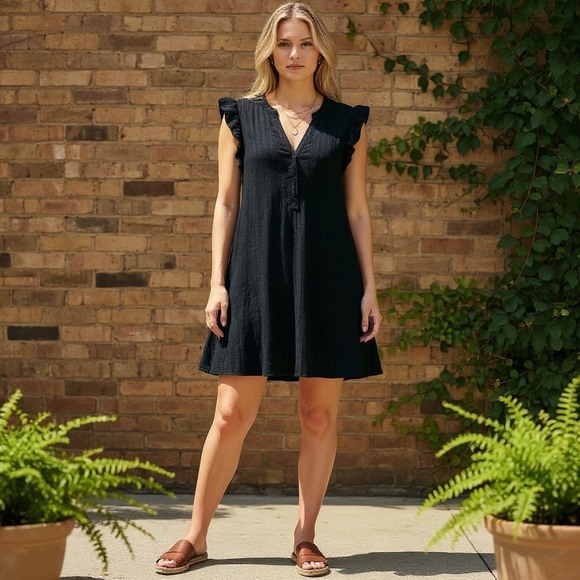 Old Navy Dresses & Skirts - Old‎ Navy Black Ruffle Sleeve Henley Mini Dress Cotton Blend Preppy Boho Medium
